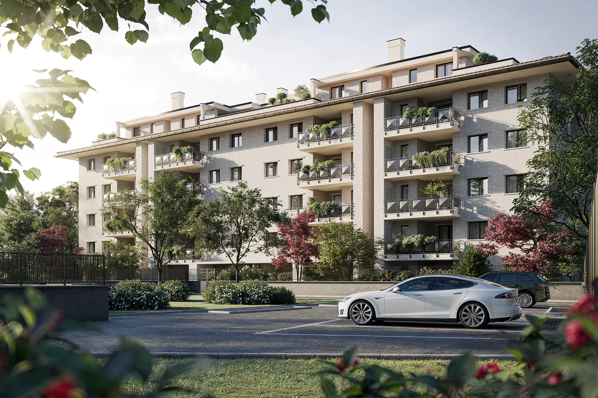 Vista del complesso residenziale Clivia Living Pisana con nuovi appartamenti immersi nel verde di Roma.