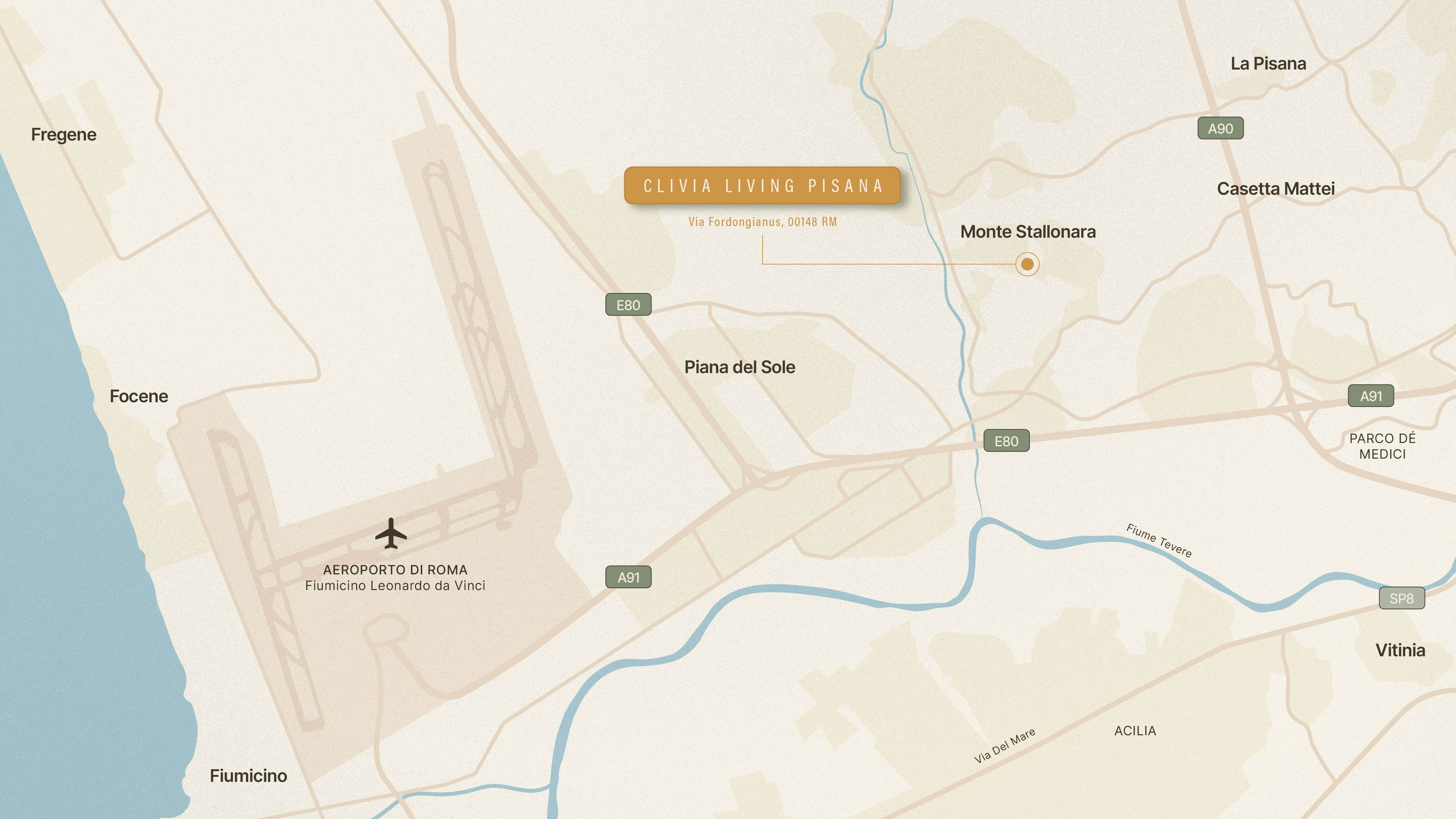 Clivia Pisana Living - Mappa quartiere Pisana a Roma, aree verdi, servizi e collegamenti che valorizzano la qualità della vita quotidiana.